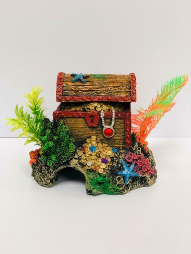 [78020] ADORNO ACUARIO RESINA COFRE C/PLANTAS NEON 6"