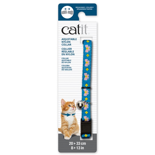 [55186] COLLAR GATO NYLON AJUSTABLE CASCABEL 3/8"X8-13" AZUL C/LAZOS AMARILLOS