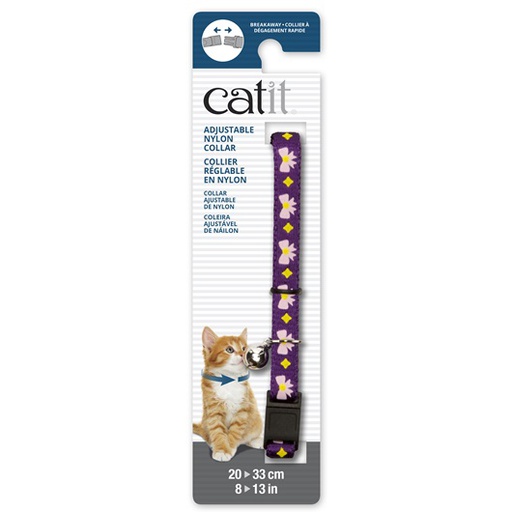 [55184] COLLAR GATO NYLON AJUSTABLE CASCABEL 3/8"X8-13" MORADO C/LAZOS ROSADOS