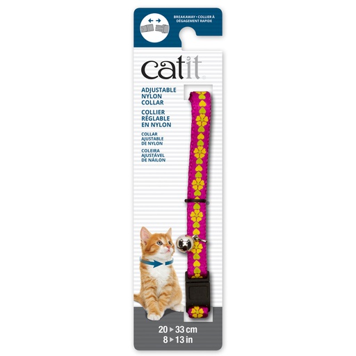 [55189] COLLAR GATO NYLON AJUSTABLE CASCABEL 3/8"X8-13" ROSADO C/FLORES