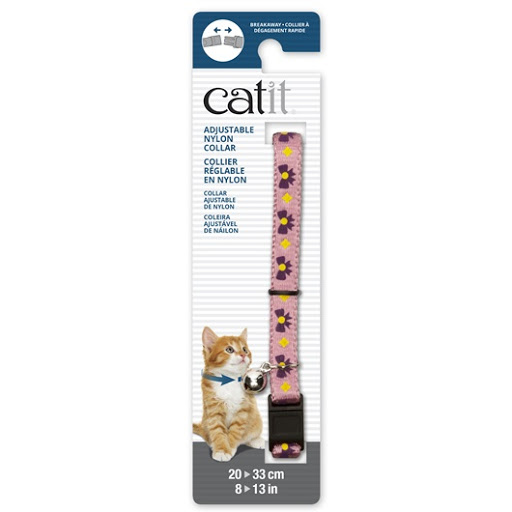 [55185] COLLAR GATO NYLON AJUSTABLE CASCABEL 3/8"X8-13" ROSADO C/LAZOS MORADOS
