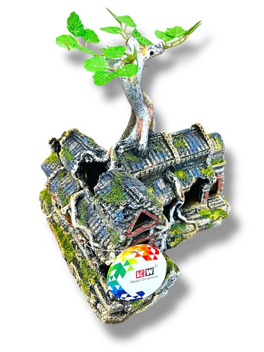 [U-838] ADORNO ACUARIO RESINA TEMPLO CON ARBOL 9"